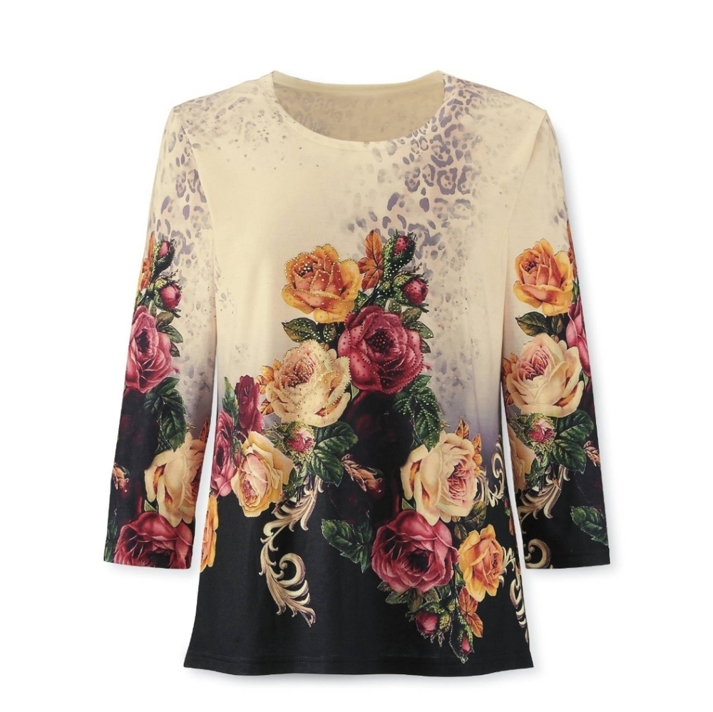 New In Package! Catalog Favorites Embellished Golden Rose Cascade Top Size 2X